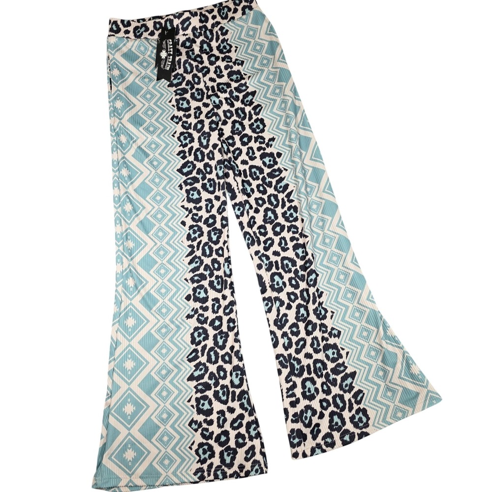 Crazy Train Bell Bottom Pants Teal Leopard Cheetah Southwestern Flare Medium NEW